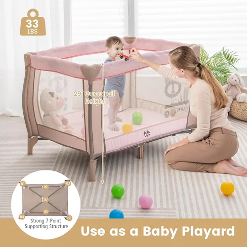 Vista 9 de Costzon 3 en 1 Rosa Pack and Play con Moisés, Corralito Portátil para Bebé con Mesa Cambiadora, Caja de Música, Juguetes Giratorios, Ruedas/Freno