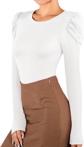 Vista 3 de MANGOPOP Camiseta elegante de manga larga con cuello redondo para mujer