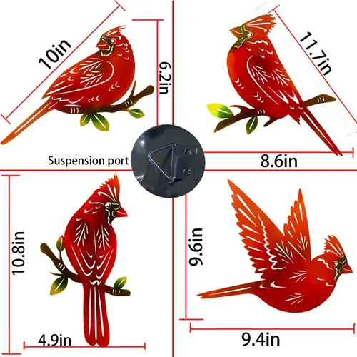 Vista 4 de Paquete de 4 piezas de arte de pared cardenal de metal, decoración de pájaros de metal 3D, adornos hechos a mano, pájaro rojo ágil, regalos