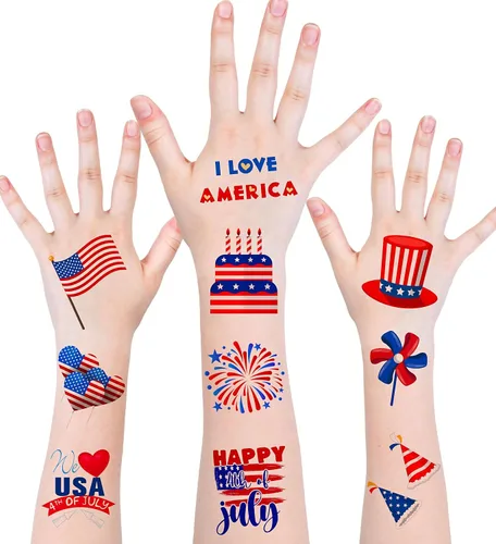 Vista 5 de HSHFAMIIY Trajes para mujer del 4 de julio, tatuajes temporales del 4 de julio, 120 tatuajes patrióticos de bandera de Estados Unidos, bandera