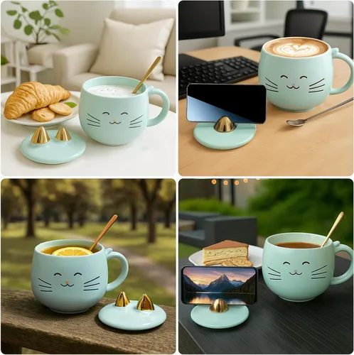 Vista 7 de Yuwu Taza de café de cerámica con cuchara y tapa, taza de 13.5 onzas con tapa de soporte para teléfono, bonita taza de té para mujeres y entusiastas