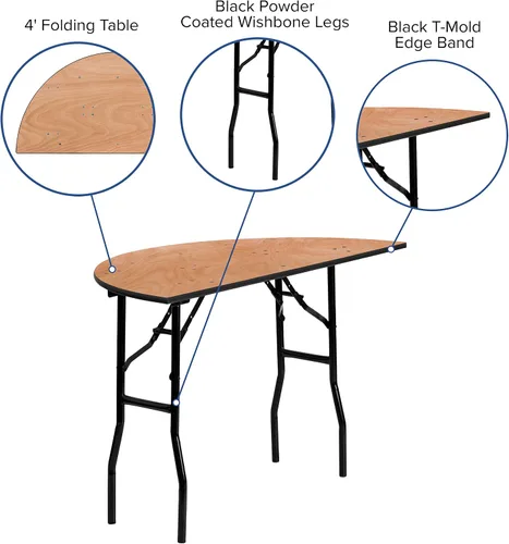 Vista 4 de EMMA + OLIVER Mesa de banquete plegable de madera semicircular de 4 pies - Mesa para eventos y catering