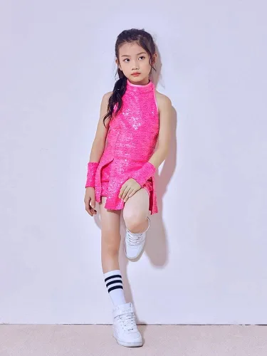 Vista 2 de LOLANTA Vestido de baile de lentejuelas para niñas de 4 a 12 años, traje de baile de hip hop, sin mangas y pantalones cortos