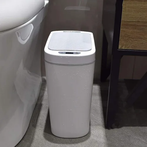 Vista 8 de Cesta de basura de 1.8 galones, impermeable, pequeño cubo de basura de plástico estrecho para baño, bote de basura sin contacto, funciona con 2