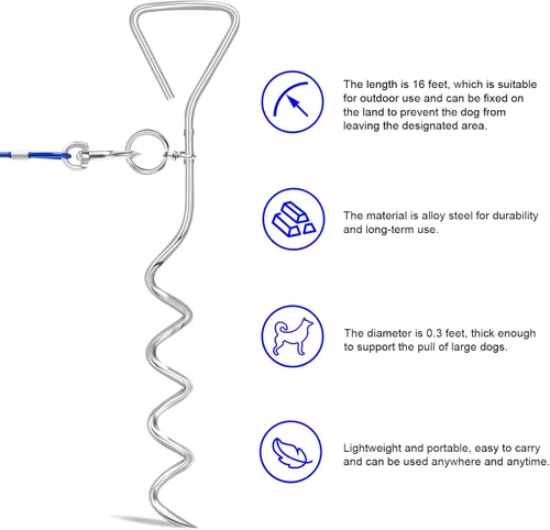 Vista 2 de Relux Cable y estaca de amarre para perros, estaca en espiral resistente de 16 pulgadas para perros pequeños a medianos (azul-16 pies, 2 unidades)
