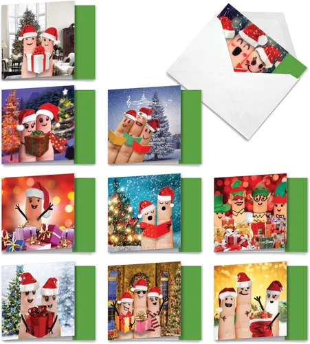 Vista 17 de The Best Card Company - 10 tarjetas navideñas de Santa con sobres - Juego surtido en caja, tarjetas navideñas para niños (4 x 5.12 pulgadas) - Pies