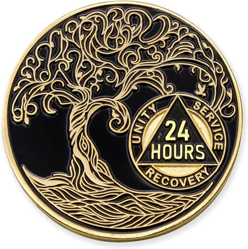 Vista 251 de 1 año Sobriety Mint Twisted Tree of Life Medallón de recuperación AA chapado en oro, chip/ficha - negro