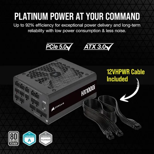 Vista 4 de Corsair HX1000i Fuente de alimentación ATX de ruido ultrabajo totalmente modular - Cumple con ATX 3.1 y PCIe 5.1 - Ventilador de rodamiento dinámico