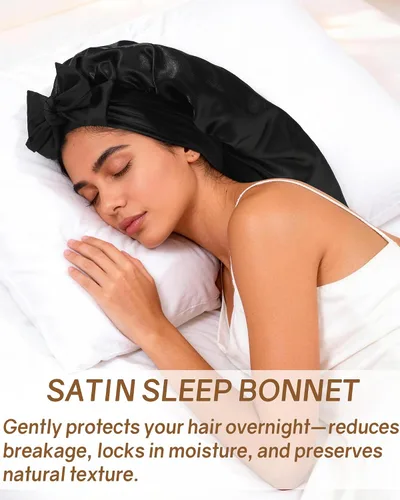 Vista 7 de AWAYTR - Gorro de satén para trenzas y cabello largo durmiendo para mujeres Long Satin Sleep Cap With Adjustable Tie Band, Protecting Braids Curly