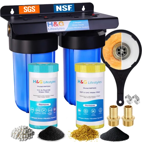 Vista 10 de H&G Lifestyles Sistema de filtración de agua de 2 etapas para toda la casa, filtro GAC KDF 58 y filtro de algodón PP, olor a cloro, eliminación
