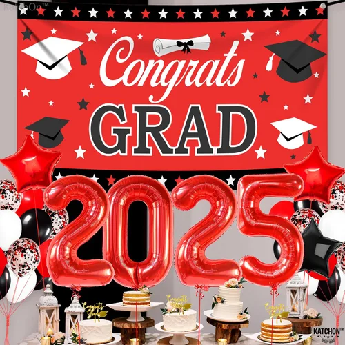 Vista 5 de KatchOn, Juego de 40 decoraciones de graduación rojas y negras 2025, globos rojos 2025, pancarta de felicitaciones para graduación de clase de 2025