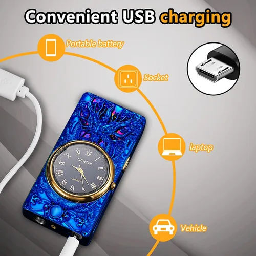 Vista 4 de Encendedor de dragón, encendedor de reloj, encendedor eléctrico a prueba de viento de plasma de doble arco, encendedor USB recargable con indicación