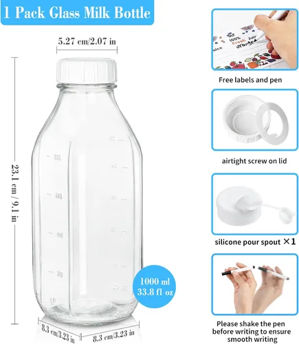 Vista 6 de Syntic Botellas de leche de vidrio cuadrado de un litro con tapa hermética, tapa de rosca resistente 100% a prueba de fugas, botellas de jugo