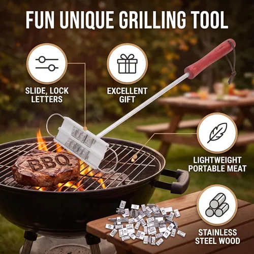 Vista 2 de CHICIRIS Hierro de marca de carne para barbacoa, hierro de marca personalizado de acero inoxidable con letras intercambiables para hamburguesa