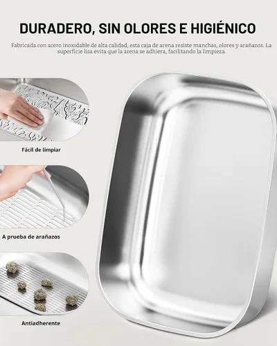 Vista 4 de Caja de arena tamizadora de acero inoxidable con tapa, bandeja de arena de metal con pala para gatos grandes y múltiples gatos, caja de arena