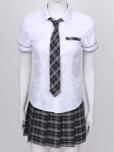 Vista 6 de Women's School Girl Costume Uniform Cosplay Shirt Top with Plaid Pleated Skirt Set Costume Blanco y azul marino