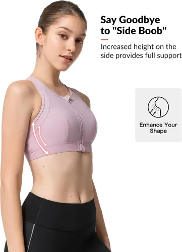 Vista 5 de Yvette Sujetadores deportivos de alto impacto para mujer, con cremallera frontal, brasier deportivo de talla grande para entrenamiento, fitness