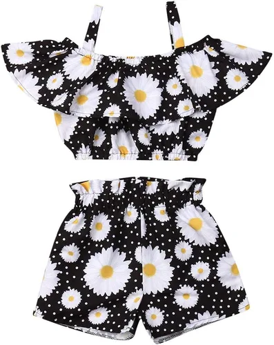 Vista 9 de Conjunto de 2 piezas de ropa con volantes y cuello halter floral para niños pequeños