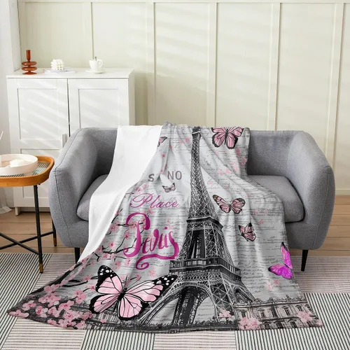 Vista 11 de Feelyou Manta de felpa de la Torre Eiffel con purpurina, color azul, morado, pastel, para todas las estaciones, manta de cama para niños, manta