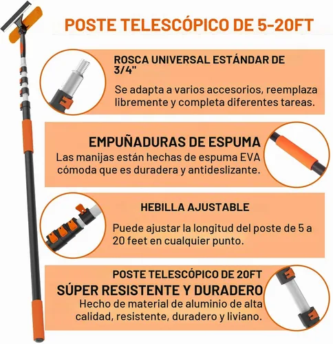 Vista 3 de Buyplus Kit de limpieza de ventanas de alto alcance de 26 pies con poste de extensión de 5 a 20 pies, limpiador de ventanas extensible, kit