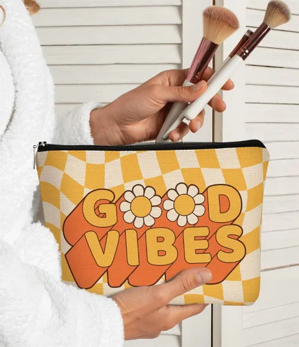 Vista 2 de Good Vibes - Bolsa de maquillaje inspiradora con margaritas amarillas y blancas a cuadros, el mejor regalo para adolescentes, niñas, hermana, novia