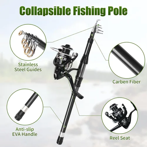 Vista 3 de Combo de carrete de caña de pescar, 2 cañas de pesca telescópicas de 6.89 pies, 2 carretes giratorios, juego de alicates de pesca con bolsa