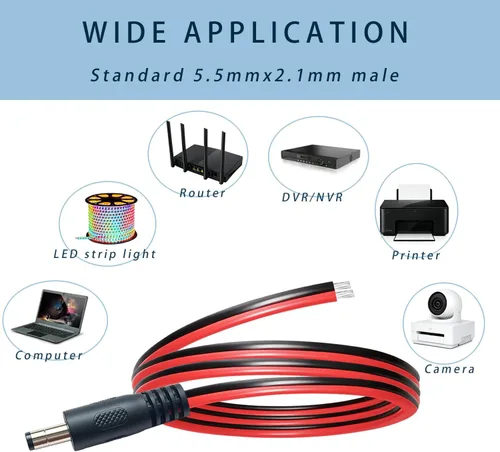 Vista 3 de Cable de extensión de alimentación CC de 14 AWG, enchufe macho de 3.3 pies CC a cable desnudo, cable de reparación de repuesto para cámaras