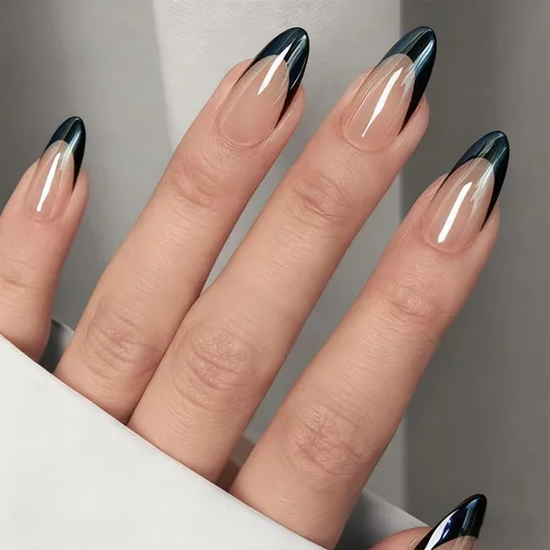 Vista 3 de Paquete de 6 uñas postizas a presión con forma de almendra media, uñas postizas acrílicas de cobertura completa con diseños de cromo rosa francés