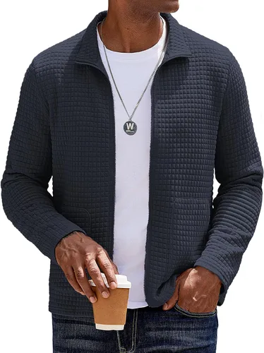 Vista 16 de COOFANDY Chaqueta Varsity Ligera para Hombre Chaquetas Bomber Casuales Sudaderas Waffle con Cremallera y Bolsillo