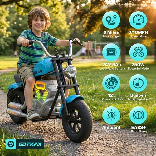 Vista 2 de Gotrax Retro Motorcycle for Kids 8+, 12" Tires,Max 9 Miles,6/10Mph 2 Speeds Blue
