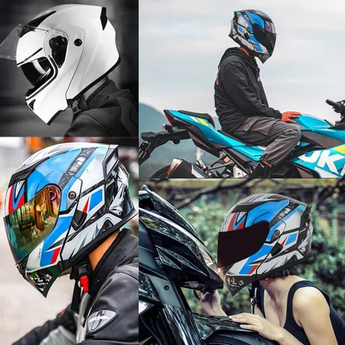Vista 7 de Casco de motocicleta modular Bluetooth con aprobación DOT, antiempañamiento, doble visera, cara completa, abatible, con altavoz y micrófono