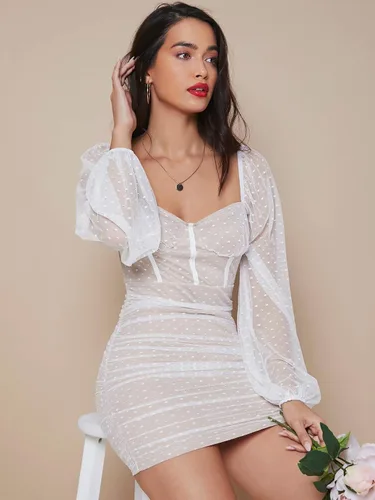 Vista 3 de Floerns Vestido corto ajustado con cuello corazón y manga farol, lunares suizos para mujer