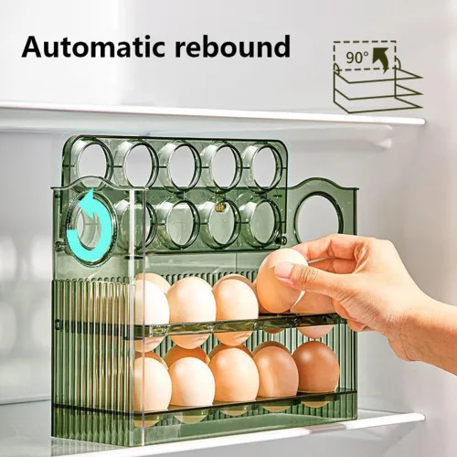 Vista 2 de DABATO Caja de almacenamiento para refrigerador de huevos, verde, de 3 capas, con giro automático, diseño vertical, 11 x 7 x 5.5 pulgadas