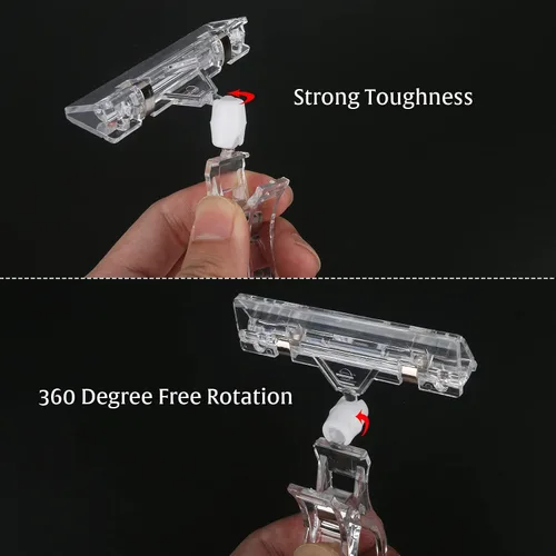 Vista 6 de Mlici 16 clips transparentes para letreros, soporte giratorio de plástico para mercancía, clips giratorios para ropa, clips de doble pantalla