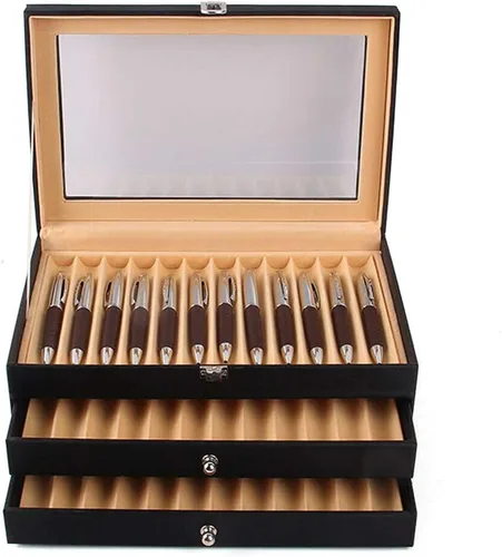 Vista 3 de Caja organizadora de bolígrafos de franela de cuero negro de 36 piezas, caja organizadora de bolígrafos de vidrio con tapa, vitrina de cristal