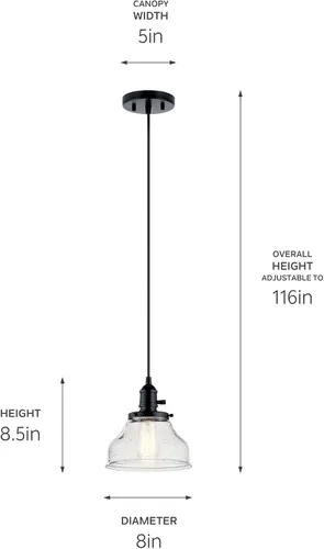 Vista 3 de Kichler Avery Bell - Mini lámpara colgante con vidrio sembrado transparente, luz colgante industrial individual en negro para isla de cocina, sala