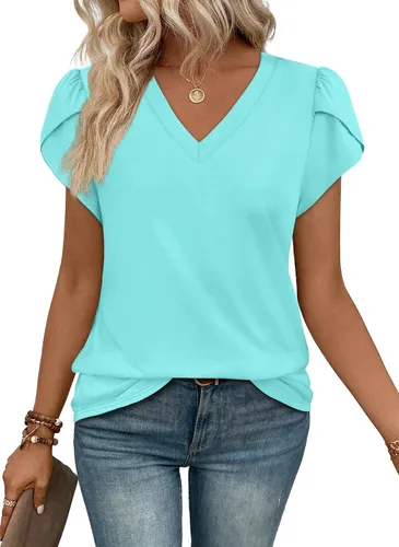 Vista 12 de WIHOLL Camisetas casuales de verano con cuello en V para mujer Negro