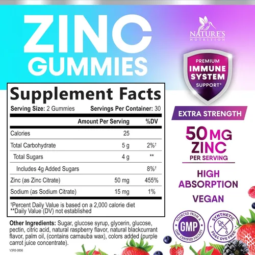 Vista 2 de Gomitas de zinc – 50 mg de zinc por porción, gomitas de apoyo inmunológico para la piel y los huesos – Antioxidante masticable de alta calidad