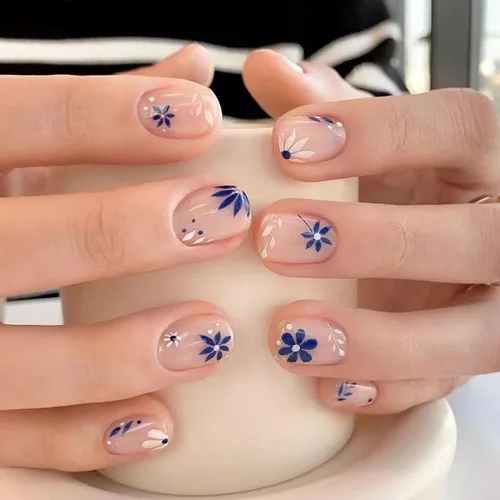 Vista 17 de Uñas postizas ovaladas a presión con puntas francesas, juego de uñas postizas cortas de flores artificiales, uñas postizas acrílicas con diseños