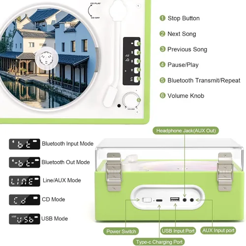 Vista 7 de Reproductor de CD Retro con Transmisor Receptor Bluetooth, Altavoces Estéreo HiFi, Pantalla LED, Puertos USB/AUX/Auriculares, Recargable