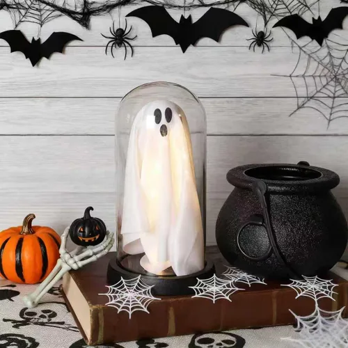 Vista 7 de Decoraciones de Halloween para interiores, fantasma iluminado en cúpula transparente, bonita decoración de fantasma espeluznante para exhibición