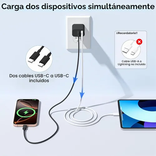 Vista 6 de Cargador para iPhone 17 16 15 de carga rápida, bloque de cargador de pared USB C de 20 W con cable tipo C a C de 6 pies para Apple iPhone 17/17