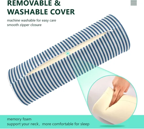Vista 4 de Rollo cervical para el cuello, almohada redonda de rayas azules y blancas, almohada de espuma viscoelástica lavable, almohada de refuerzo