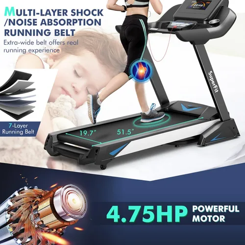 Vista 6 de GYMAX Caminadora plegable, caminadora inclinada automática de 4.75 HP con monitor LED, altavoz de dientes azules, control de aplicaciones, 20