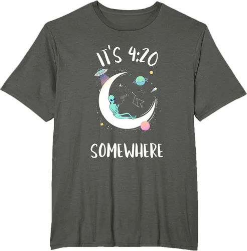 Vista 5 de Funny Weed Joint Smoking Moon Alien It's 4:20 Somewhere Camiseta, Negro, S