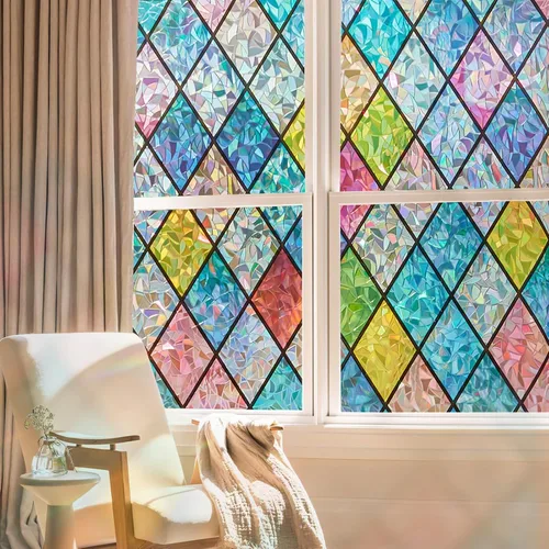 Vista 9 de Lámina de privacidad para ventana Windimiley con diseño de vidrio manchado: adhesivo estático decorativo floral 3D arcoíris con control de calor