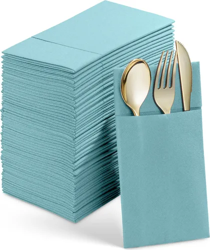 Vista 14 de Paquete de 50 servilletas desechables de lino con bolsillo integrado para cubiertos, tela preplegada azul como servilletas de papel para bodas