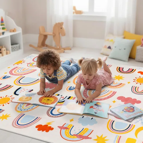 Vista 7 de Alfombra de arco iris para niños, 3 pies 3 pulgadas x 4 pies 11 pulgadas, alfombra suave para niños, alfombra grande lavable espacial