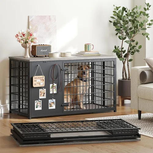 Vista 8 de YATINEY Mueble de jaula para perros plegable, jaula para perros con marco DIY, perrera para perros de interior resistente con ganchos, mesa auxiliar