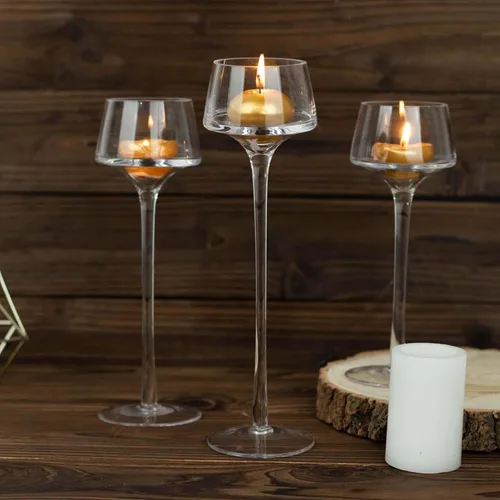 Vista 2 de Efavormart - Juego de 3 centros de mesa con pedestal de cristal transparente de tallo largo, portavelas de disco de candelita altos, 8, 9, 10
